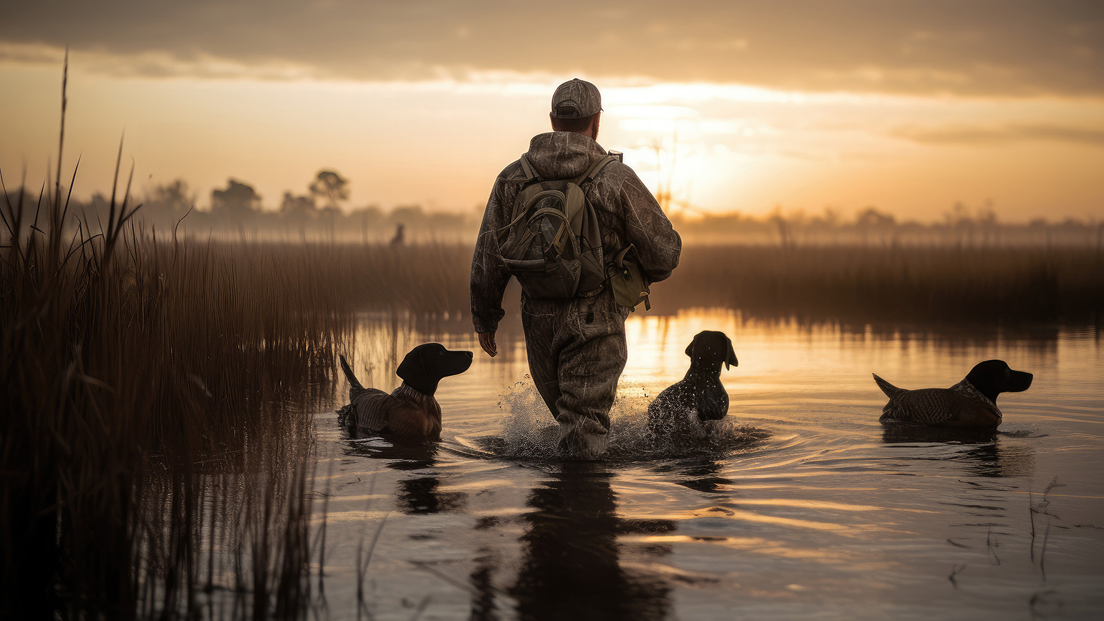 View from the back a hunter with hunting dogs walks along a lake with reeds in search of prey. Hunting season concept. Generative AI