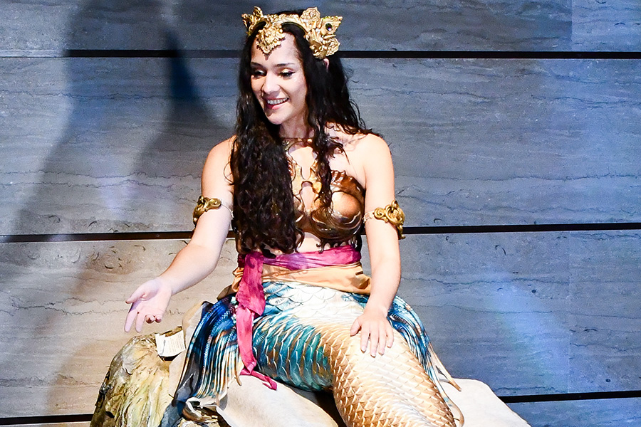A beautiful mermaid sitting on a rock smiling at guests waiting to meet her.