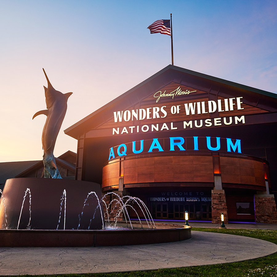 2022_WondersOfWildlife_Exterior_900x900 Front of Wonders of Wildlife National Museum & Aquarium with fountain in the foreground.