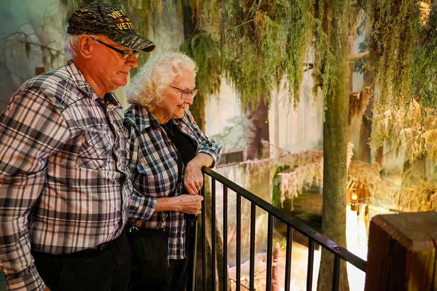 Older man and woman standing near railing looking into the Swamp at Night exhibit.
