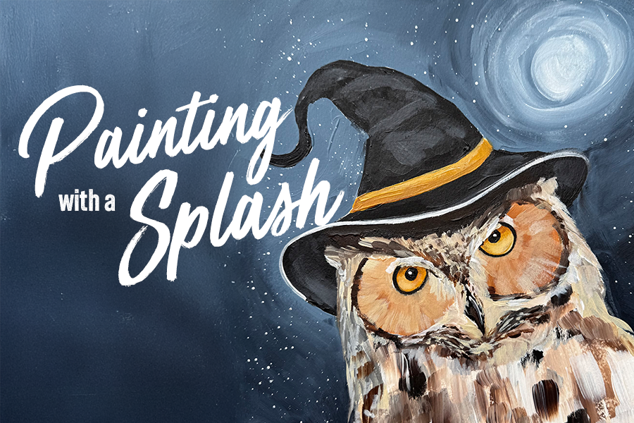 2025_WOW_PaintingWithASplash_WebHeader_October_900x600 Hand painted owl wearing a witch's hat with moon in the background. "Painting With a Splash"