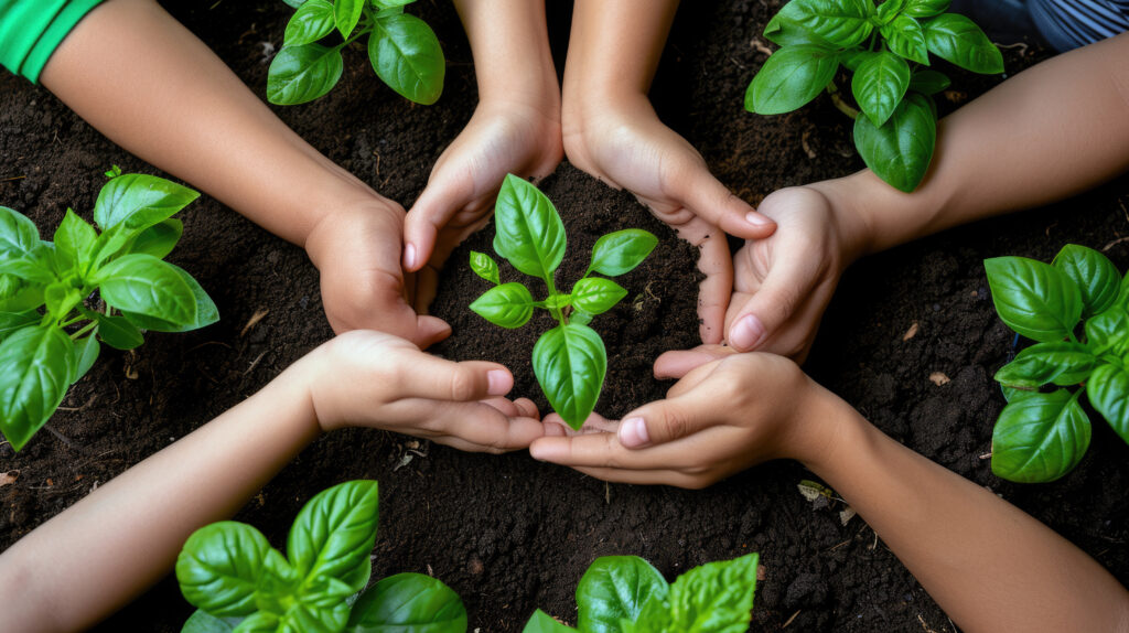 Several hands of different sizes and skin tones are holding and nurturing young green plants in soil, symbolizing growth, care, and environmental education.