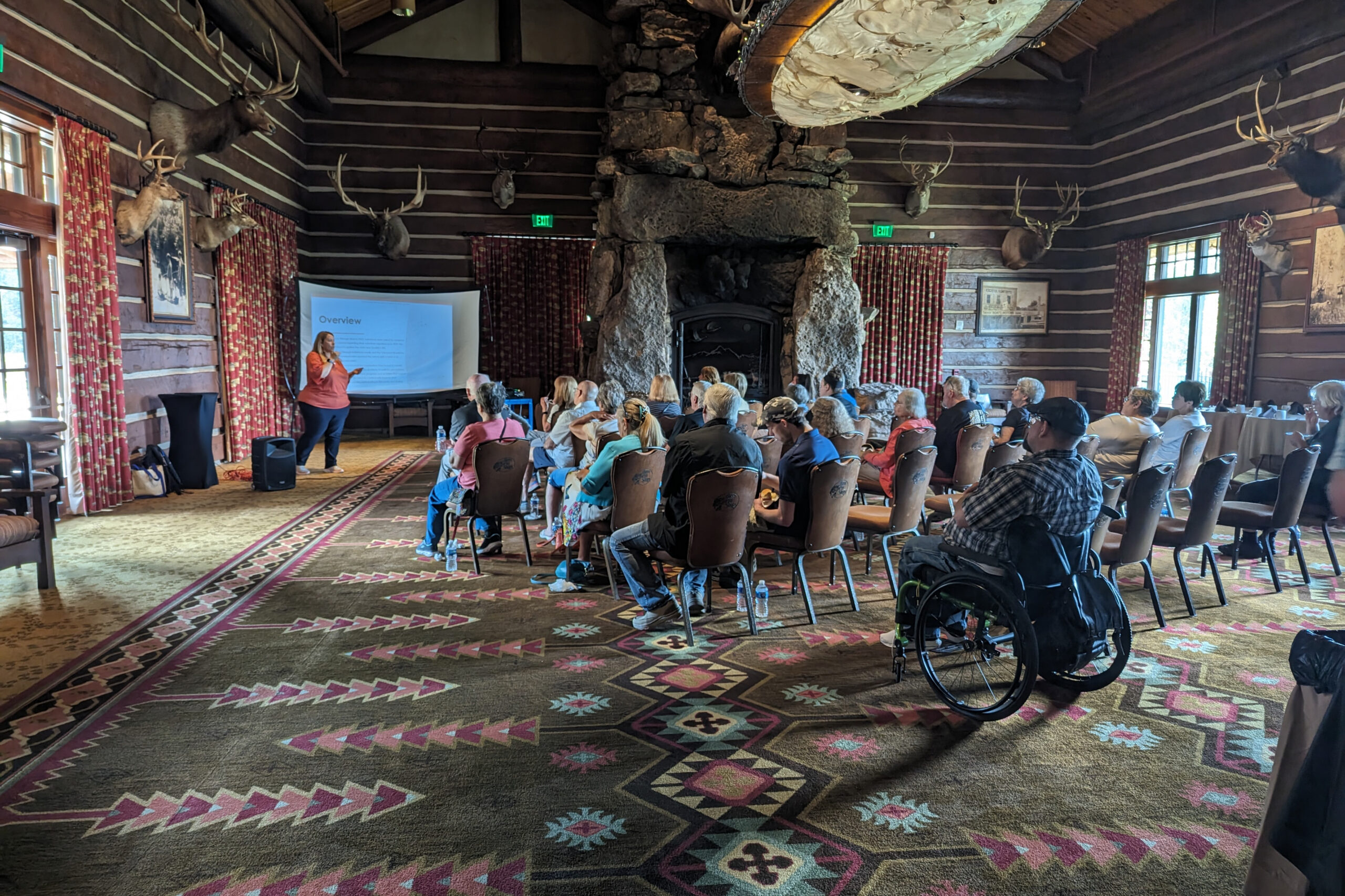 WOW volunteers sit in a meeting watching a presentation on a screen in the background.