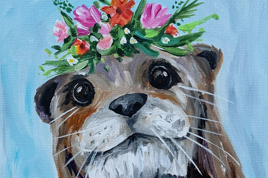 Oil painting of an otter with flowers on it's head.