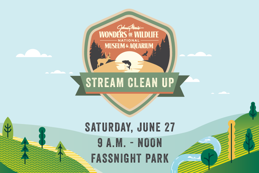 Illustration of outdoor scene with text: "Wonders of Wildlife National Museum & Aquarium Saturday, June 27 9 a.m. - Noon Fassnight Park