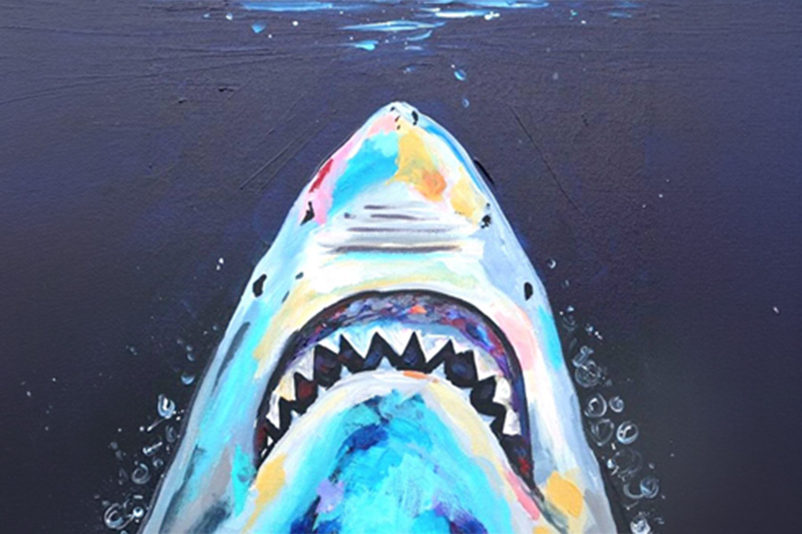Vibrant painting of a shark rising up through the water.