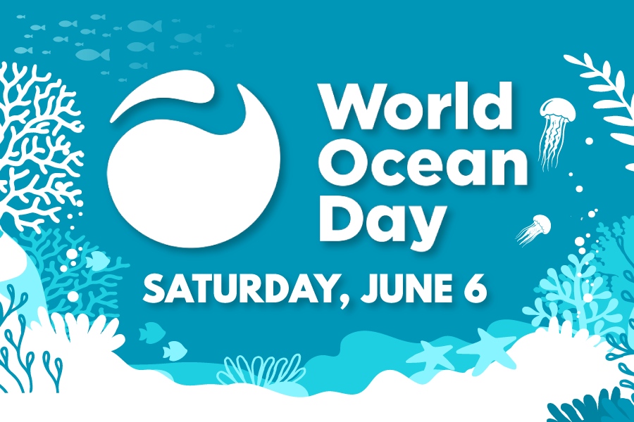 Light blue creative imagery with text: "World Ocean Day. Saturday, June 6"