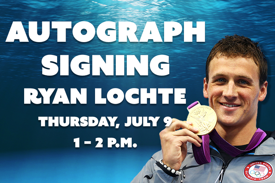Underwater background with text: "Autograph Signing Ryan Lochte Thursday, July 9 1-2 p.m."