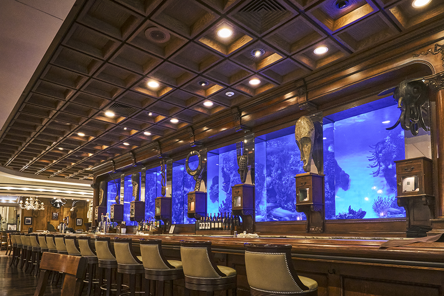 A long wooden topped bar with stools in front of it and a large fish aquarium along the back wall.