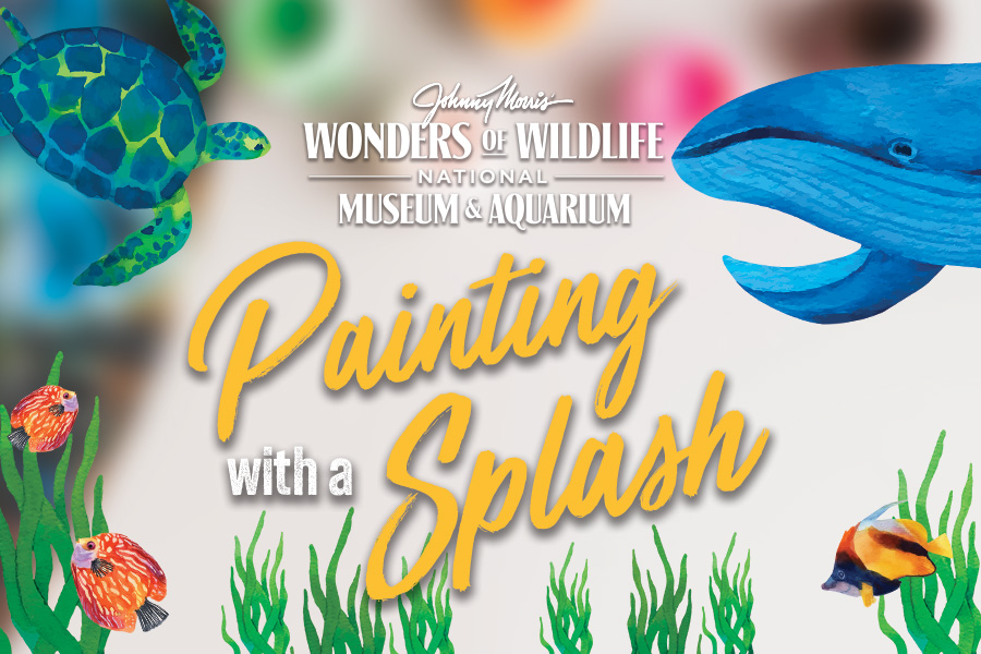 An assortment of watercolor animals including a sea turtle, blue whale, discus fish, and angelfish swiming among green seaweed with text: "Johnny Morris' Wonders of Wiidlife National Museum and Aquarium Painting with a Splash"