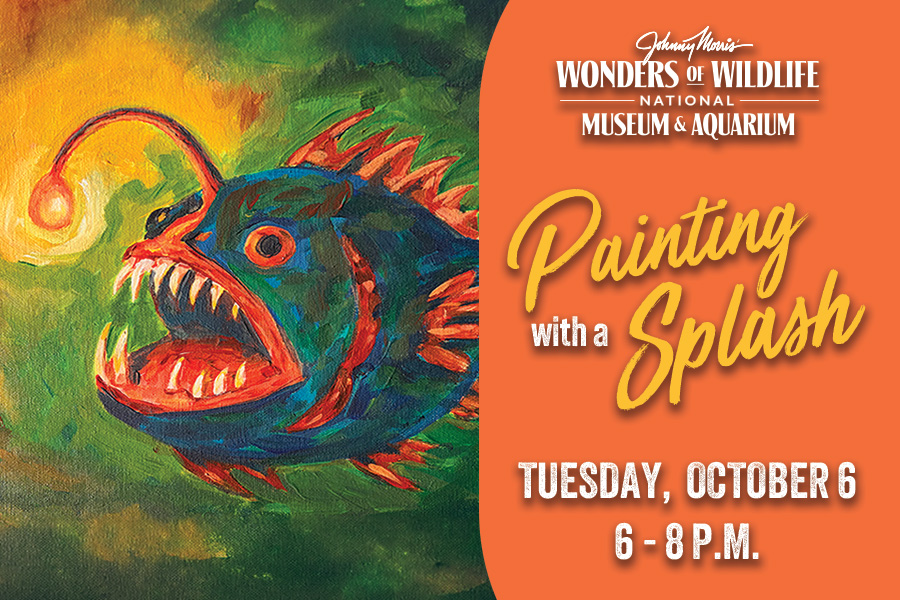 An acrylic painting of an angler fish on a blended green background with text "Wonders of Wildlife National Museum & Aquarium Painting with a Splash Tuesday, October 6 6 - 8 p.m."