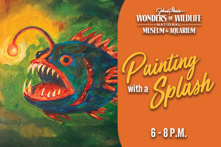 An acrylic painting of an angler fish on a blended green background with text "Wonders of Wildlife National Museum & Aquarium Painting with a Splash Tuesday, October 6 6 - 8 p.m."