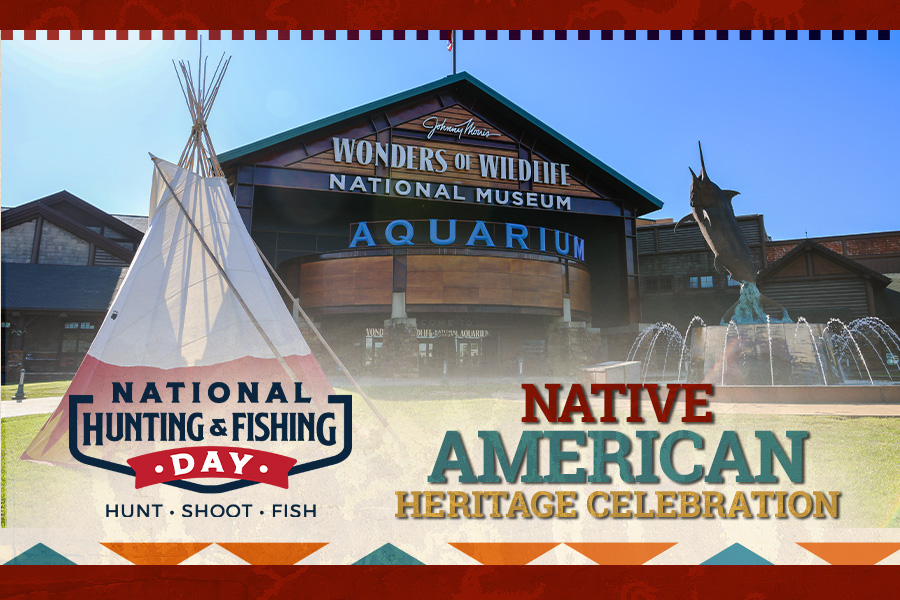 Exterior photo of the Wonders of Wildlife entrance with a red and white colored teepee setup on the lawn, with text: "National Hunting & Fishing Day Native American Heritage Celebration"