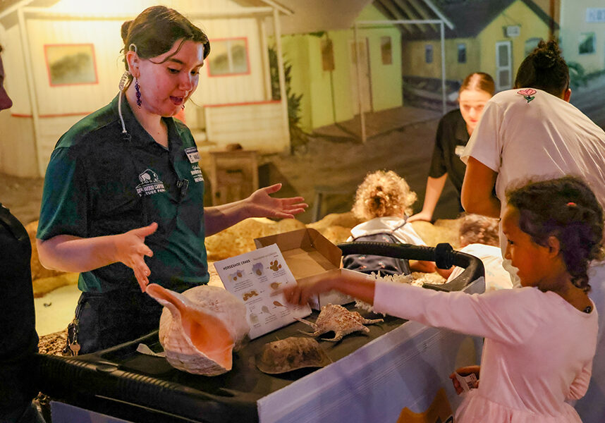 A volunteer educates a child who is pointing at an artifact on the table.
