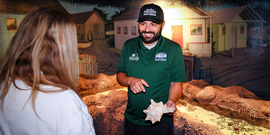 A smiling volunteer shows a guest a small an interesting sea shell while standing at an exhibit.